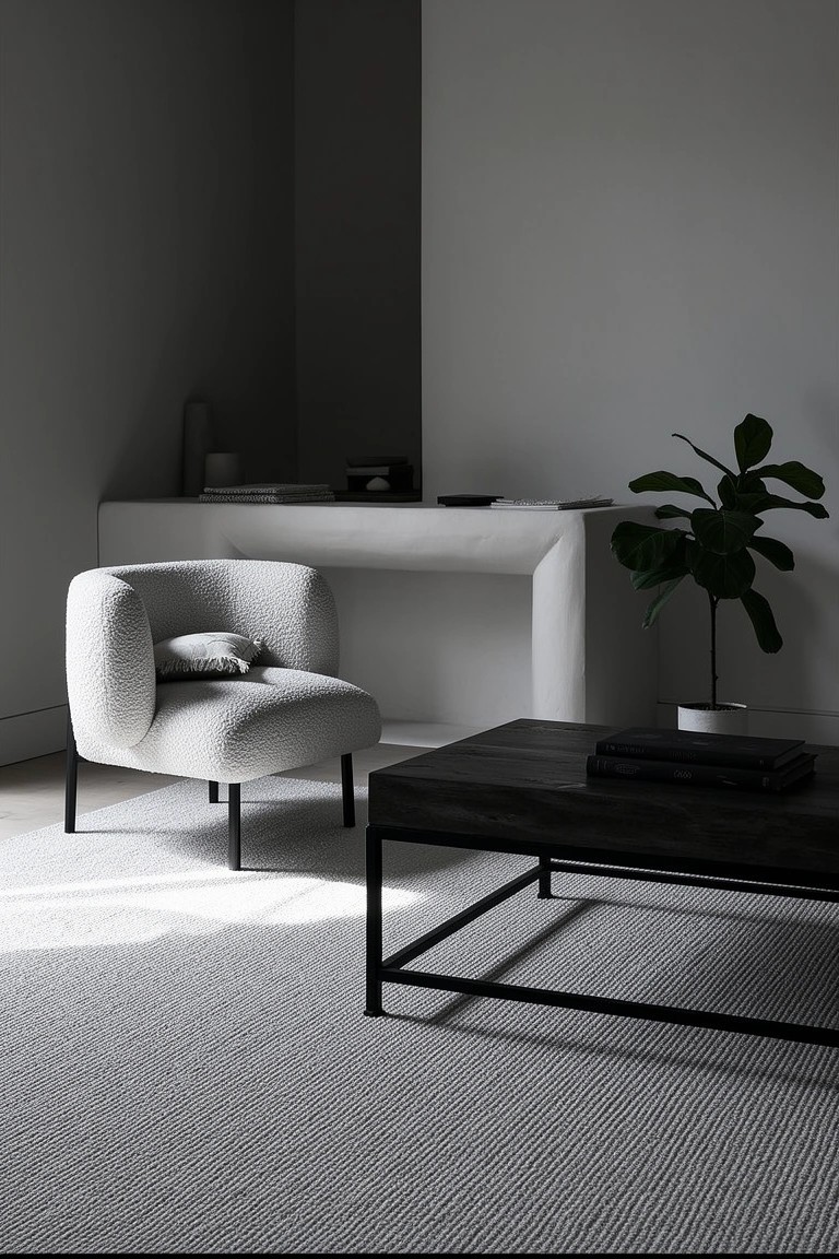 Minimalist living room corner featuring a plush gray armchair, white curved console table, black metal coffee table with book, and potted plant on light gray carpet