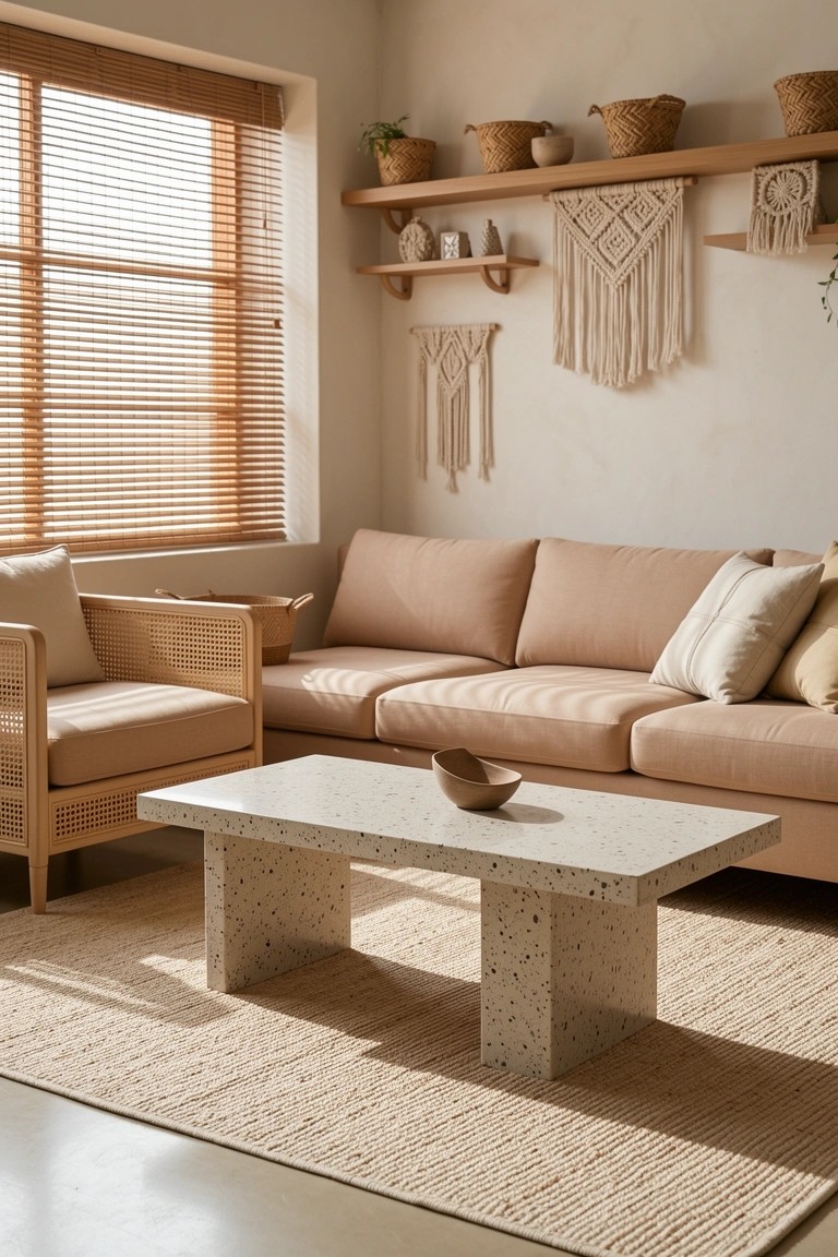 Beige living room corner with rattan armchair next to sofa, low white coffee table, macrame wall hangings, and woven baskets on open shelves