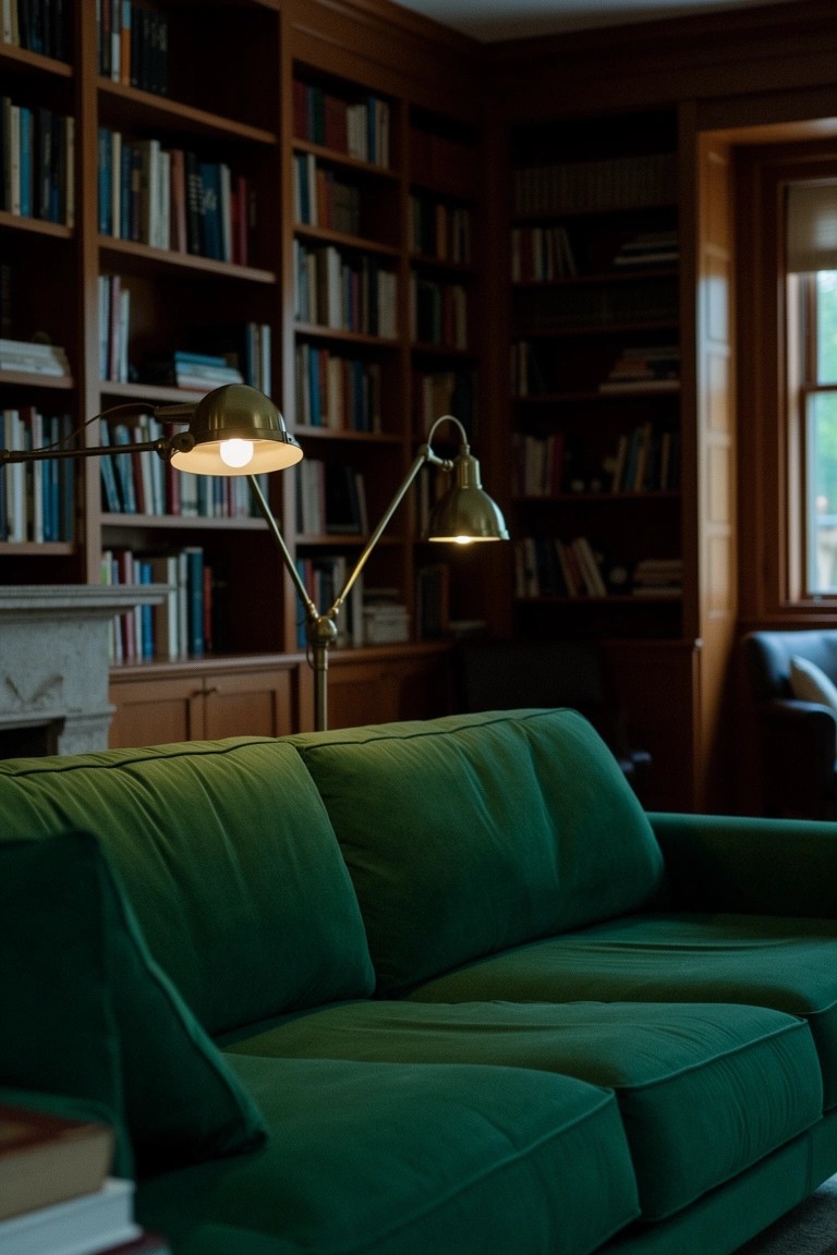 Wood-paneled living room corner with floor-to-ceiling bookshelves, green sofa, and brass arc lamps