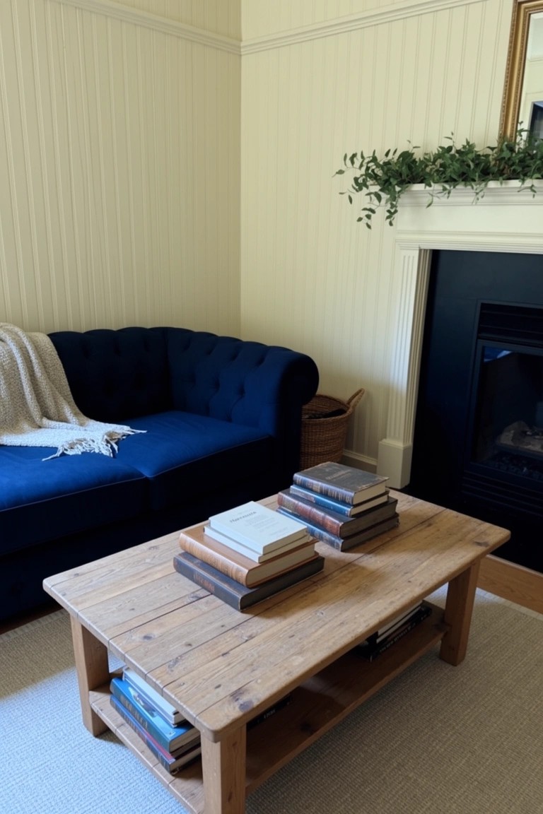 Light beige living room corner with navy tufted sofa, rustic wooden coffee table stacked with books on top and shelves below, fireplace, and greenery above mantel