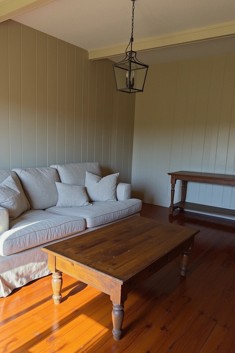 Living room corner with light vertical paneled walls, white slipcovered sofa, and wooden coffee table