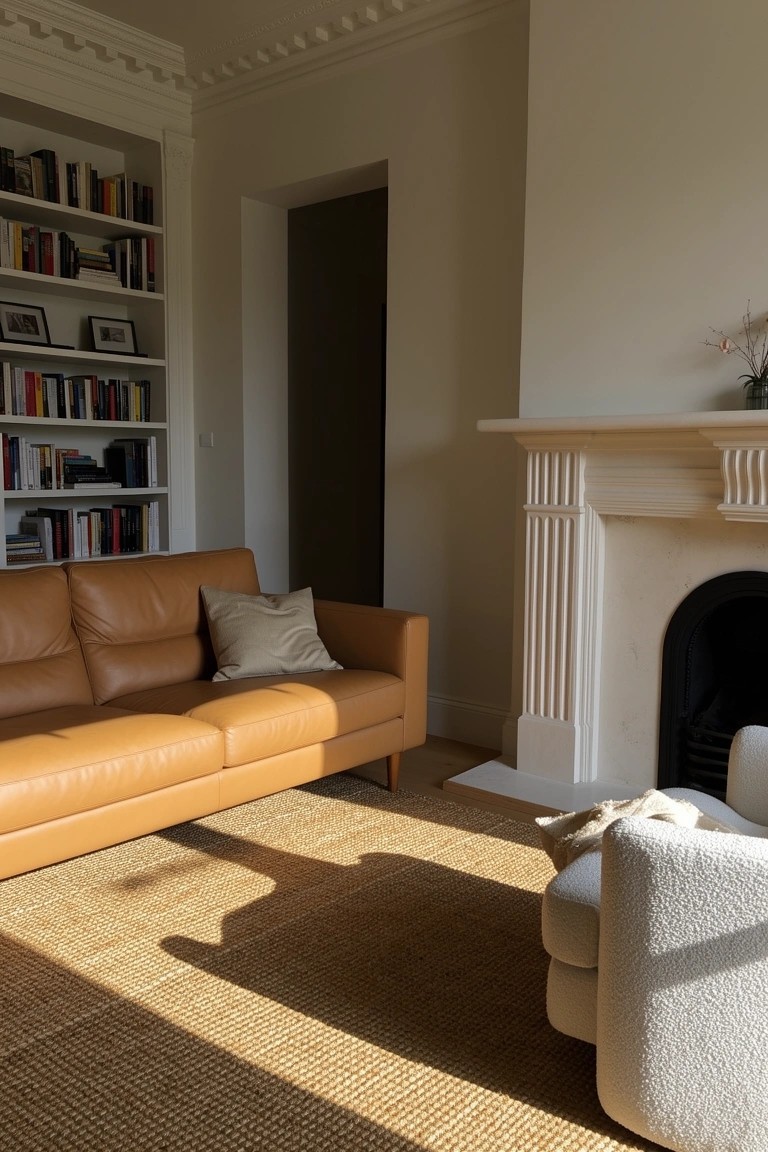 Sunlit living room with tan leather sofa facing ornate white fireplace, built-in bookshelves, and seagrass rug