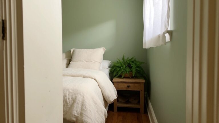 Bedroom corner with pale sage green walls, white linen bedding on low bed, wooden nightstand holding potted fern, hardwood floors