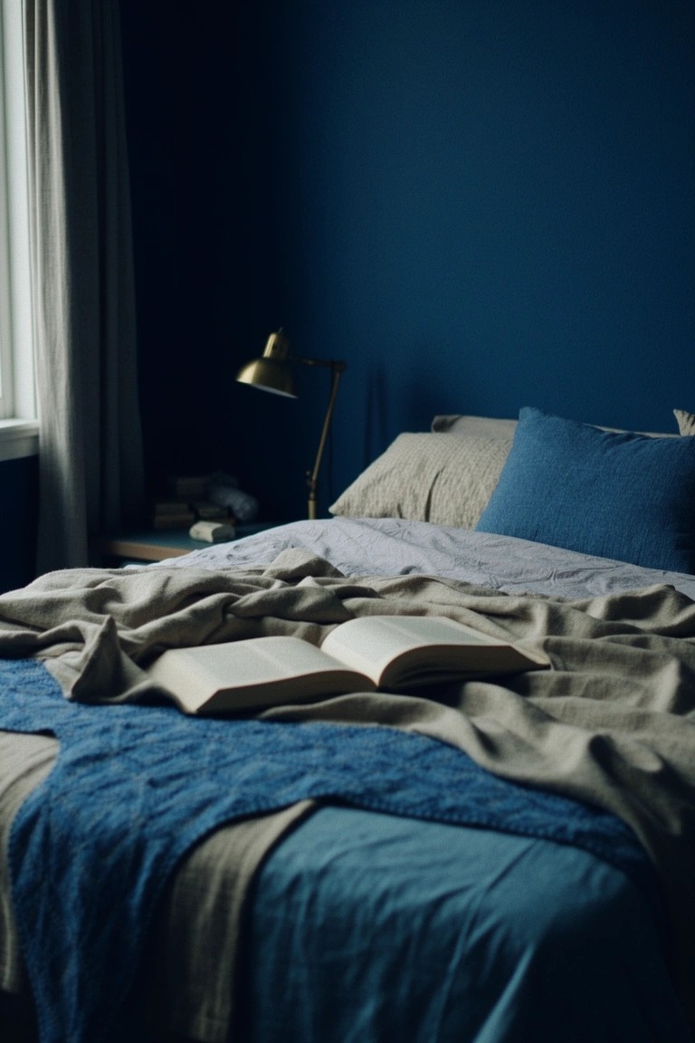 Bedroom interior with deep navy walls, rumpled neutral linens on the bed, open book, and brass lamp on nightstand