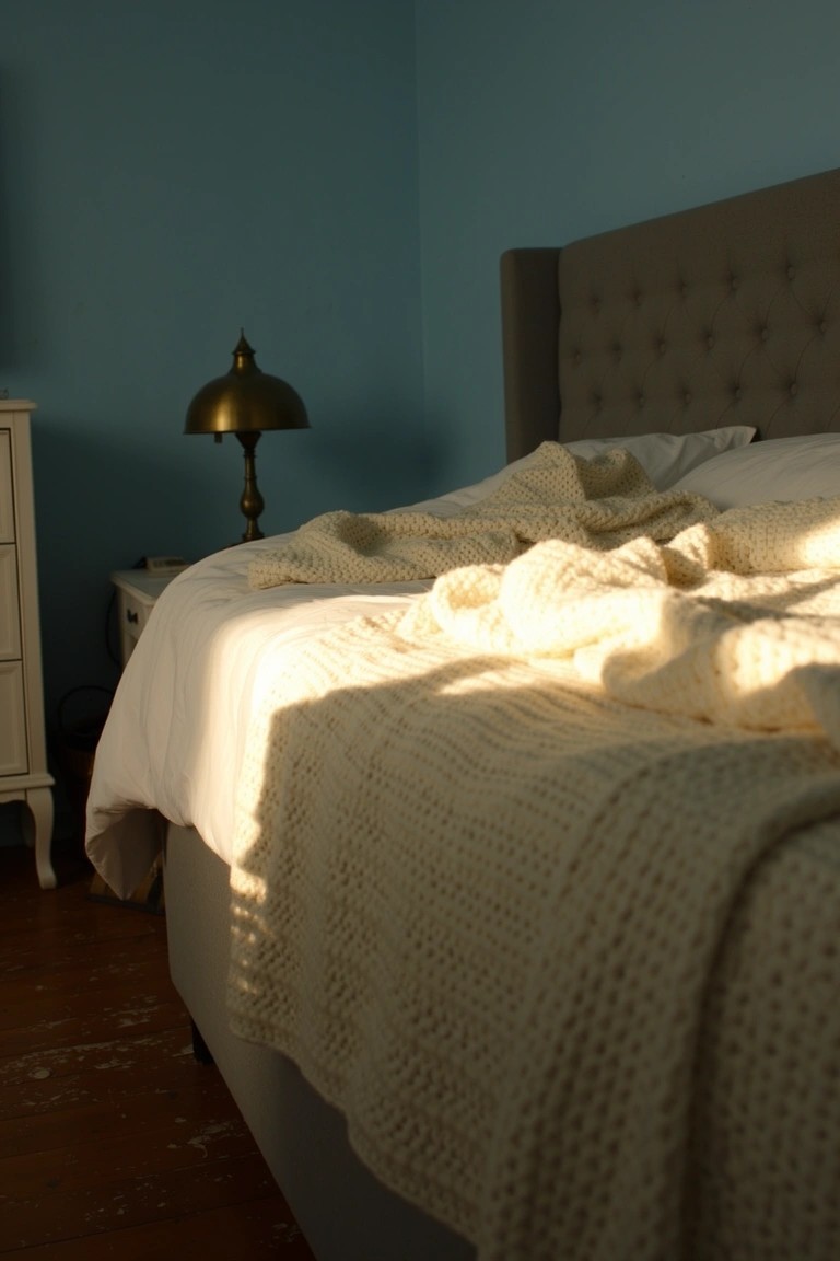 Bedroom corner with soft aqua walls, white knit throw on bed, brass lamp on nightstand, and wood floor