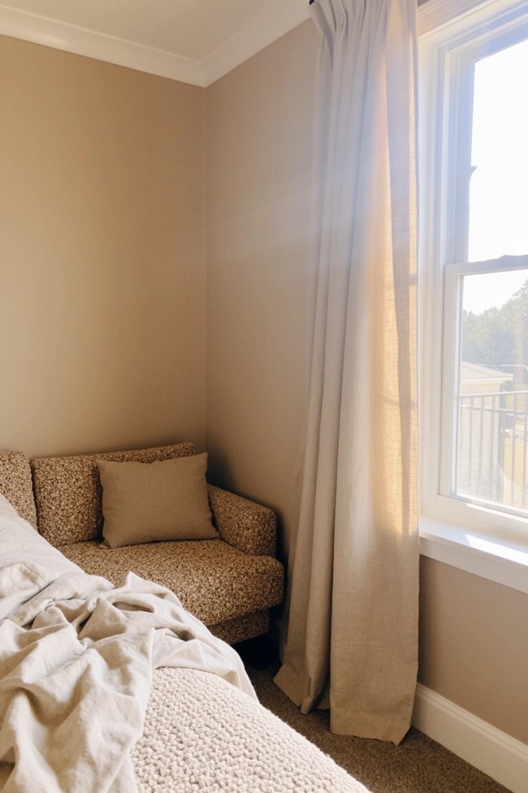 Bedroom corner with soft beige walls, a cushioned beige chair piled with pillows and a textured throw, sheer curtains at a sunlit window