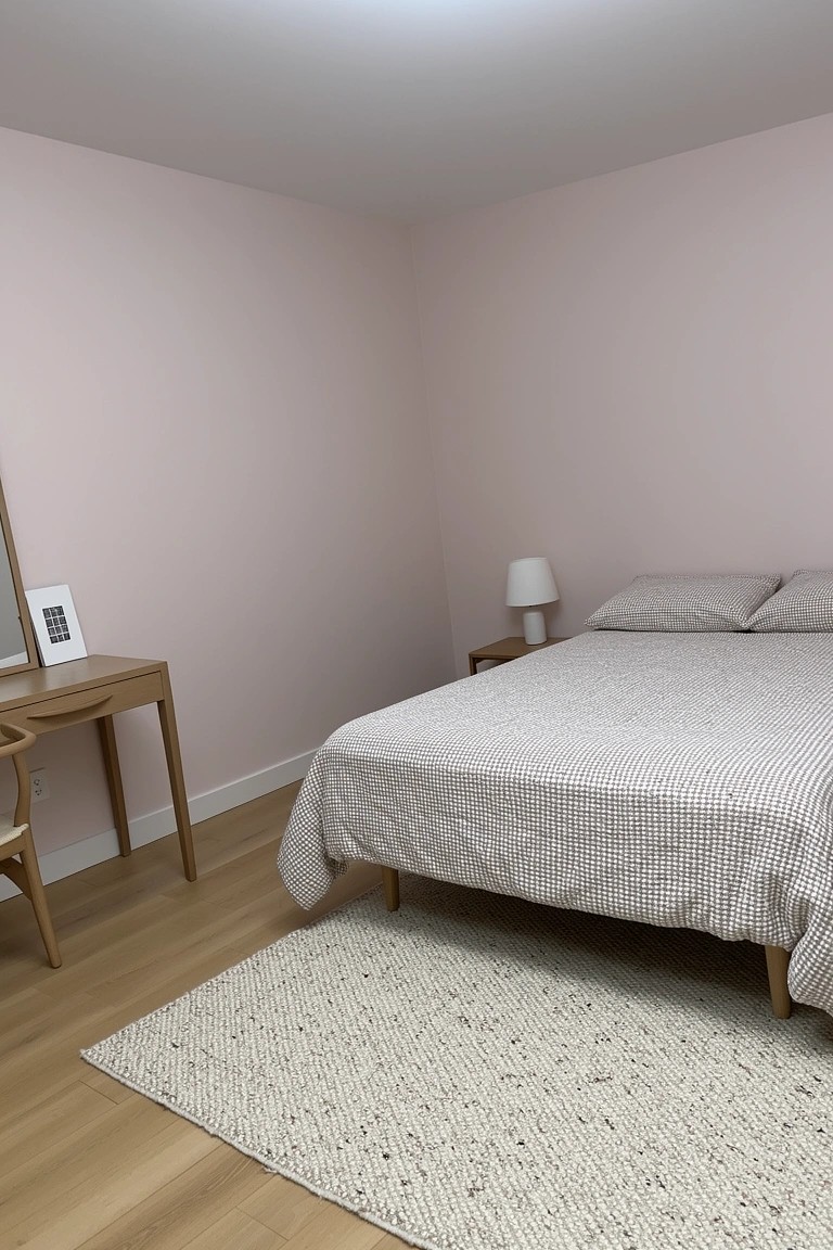 Bedroom corner with pale blush pink walls, wood bed and desk, neutral bedding and rug
