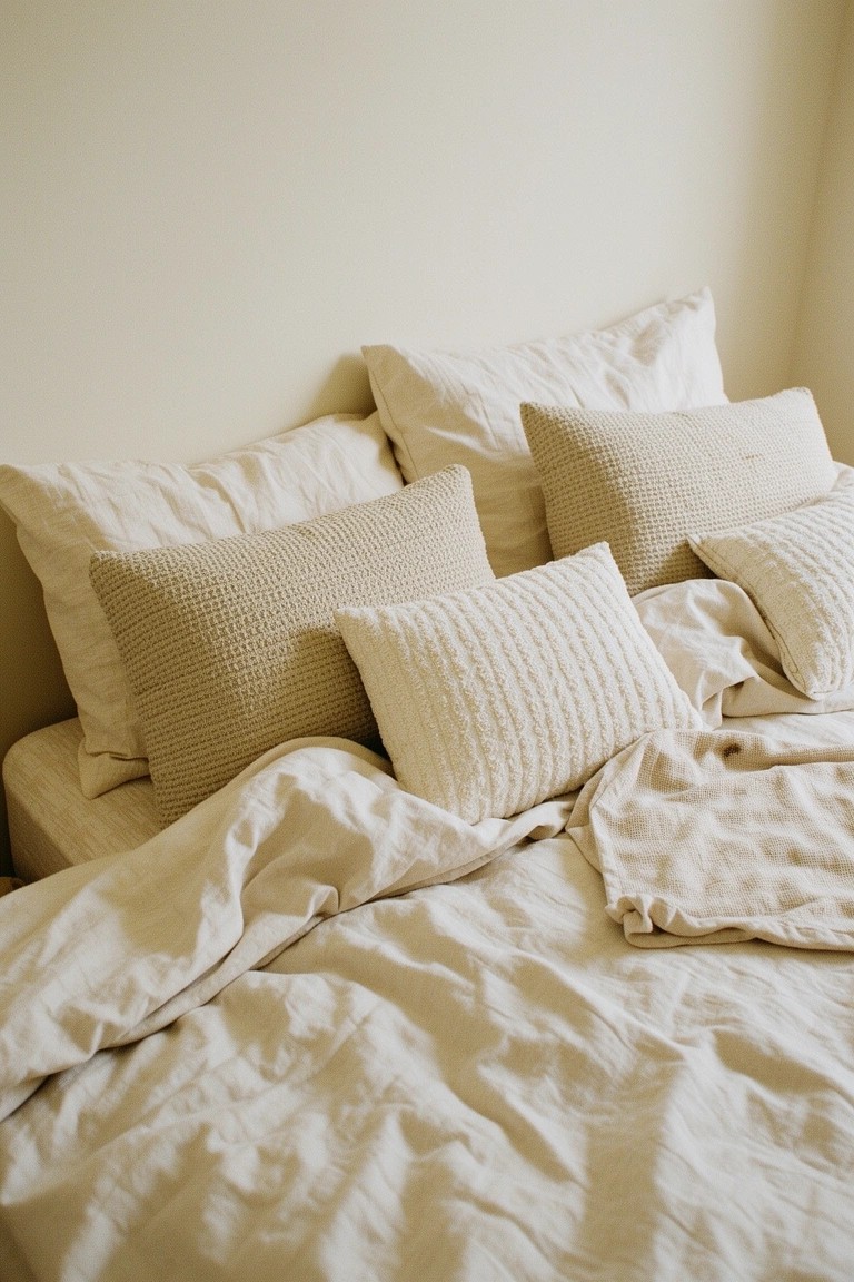 Bedroom corner with pale cream walls, stacked textured pillows in beige tones, and rumpled linen sheets for a cozy feel