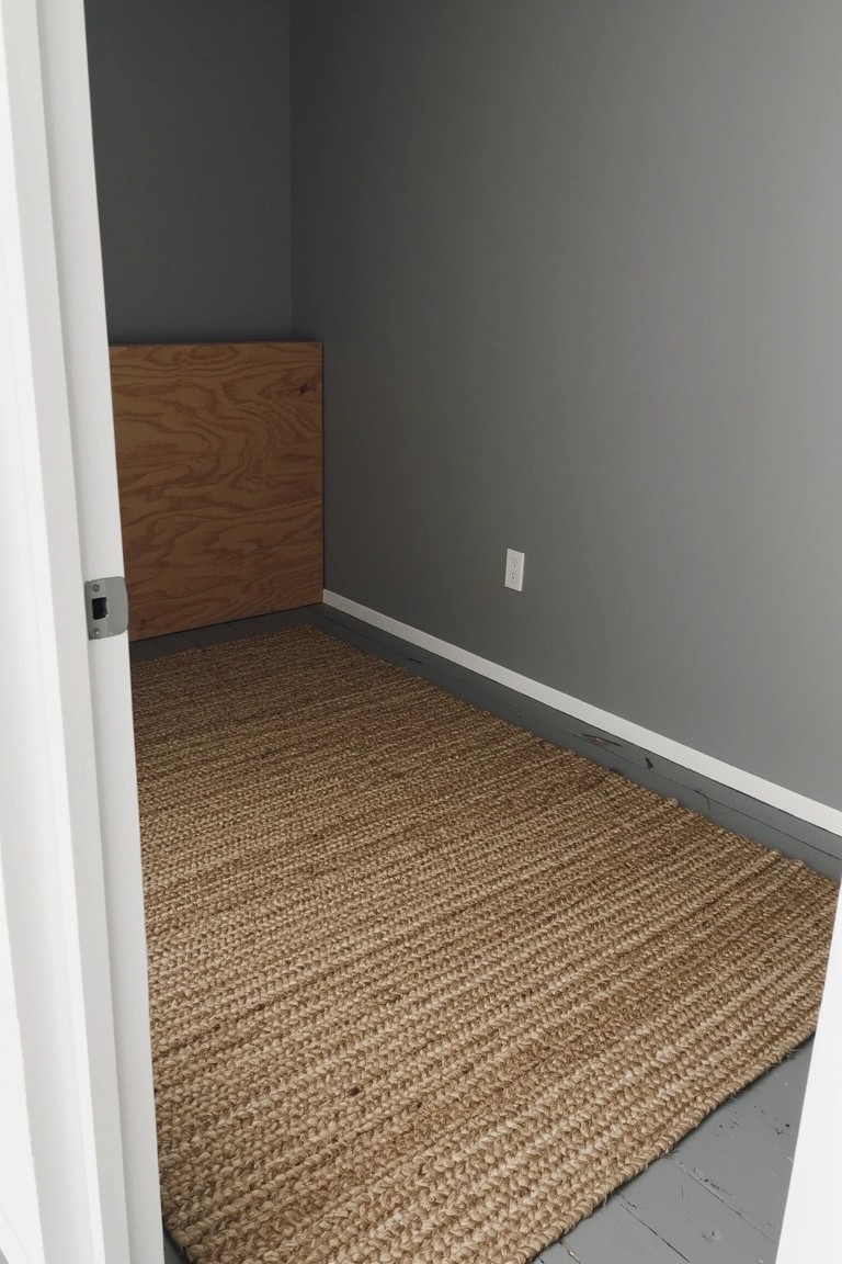 Bedroom corner painted soft cool gray with plywood wall accent and seagrass rug on wood floor