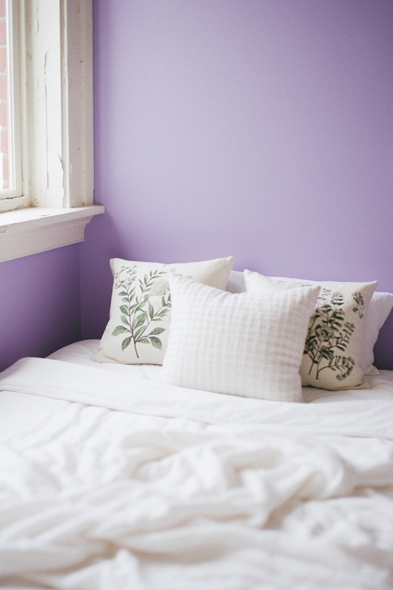 Bedroom corner with pale lavender walls, white duvet, checkered pillow, and green leaf-patterned pillows on a simple bed