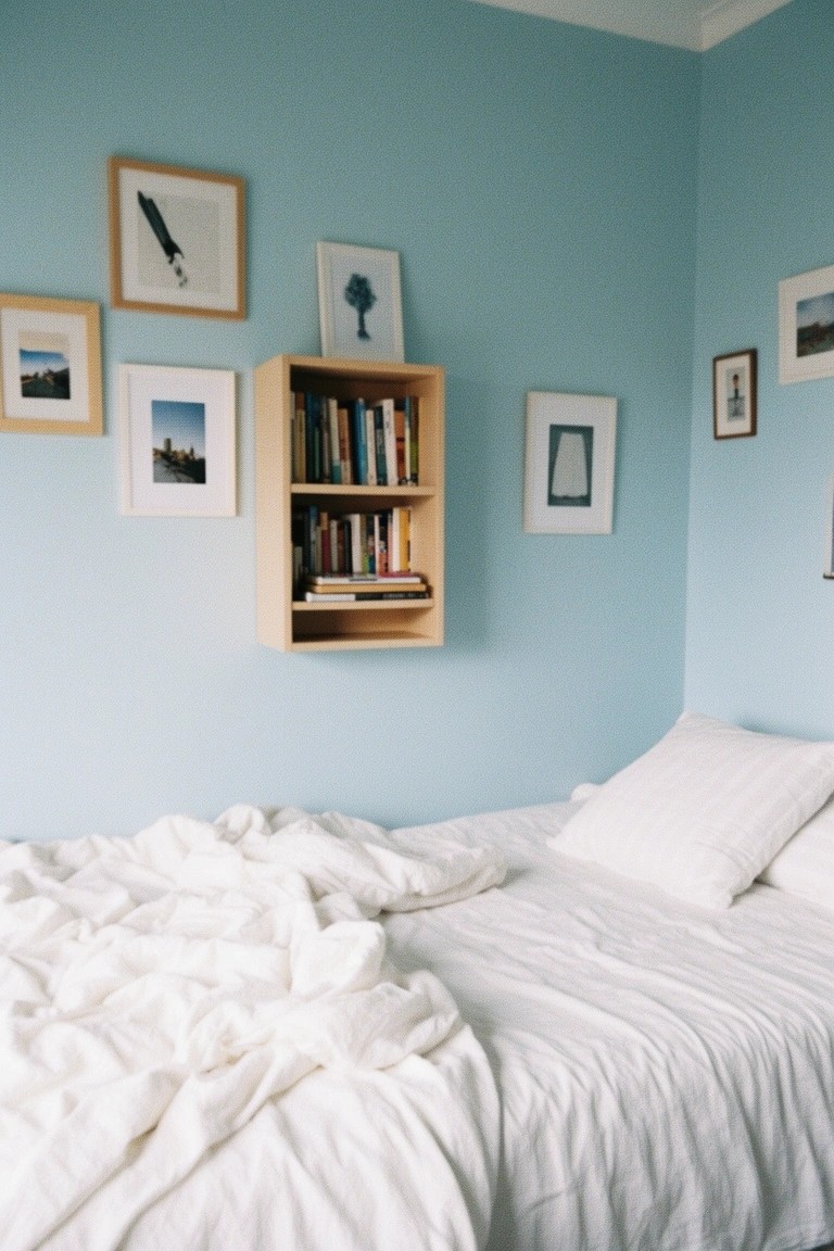 Bedroom corner painted soft pale blue with wooden bookshelf holding books, white rumpled bed, and assorted framed art on walls