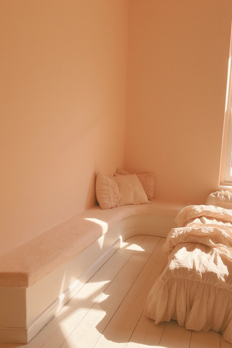 Bedroom corner with pale peach walls, curved white bench piled with pillows, rumpled white bed, and light wood floors in soft sunlight