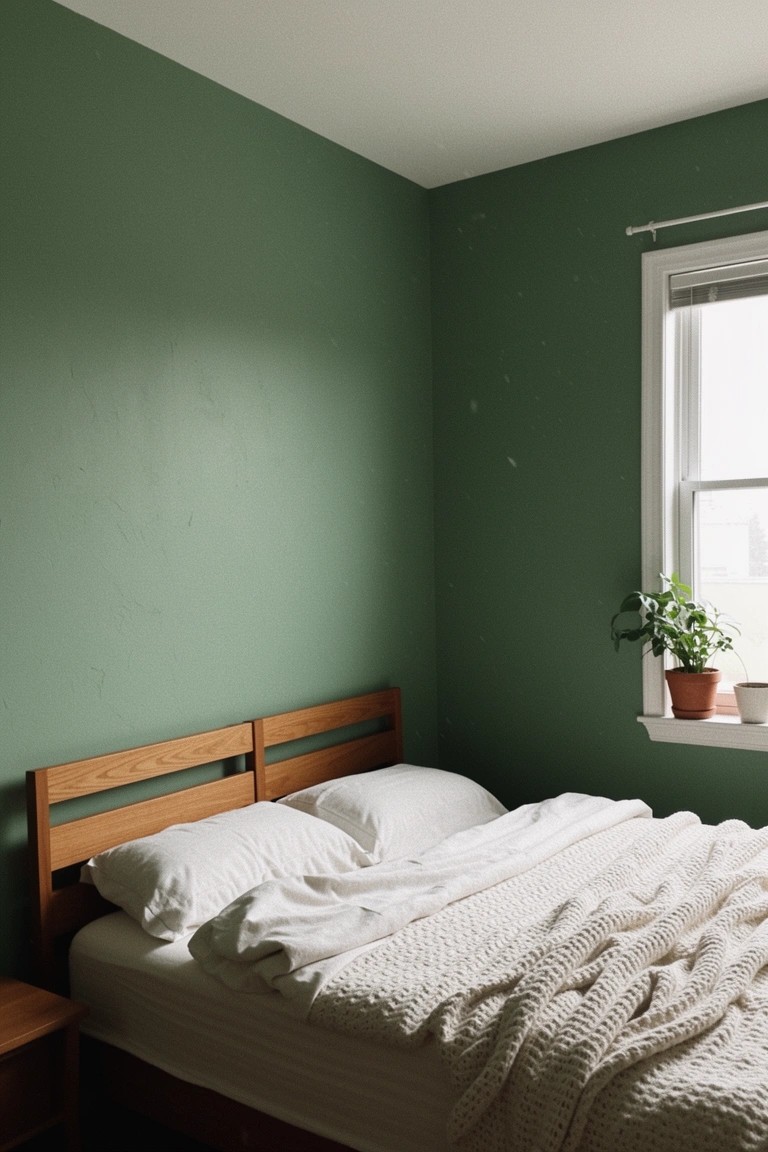 Bedroom corner with soft sage green walls, wooden bed frame with white rumpled bedding, nightstand, and potted plant on windowsill