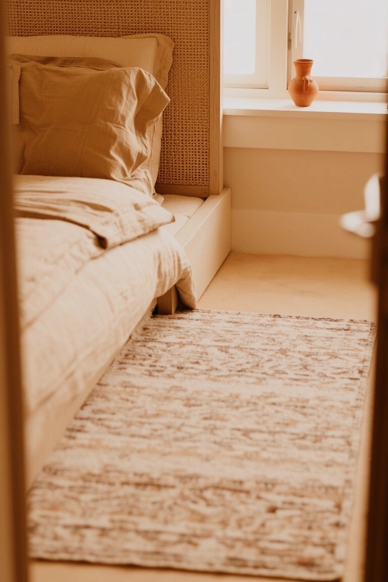 Cozy bedroom with warm beige walls, rattan headboard, neutral bedding, woven rug, and window sill near daylight