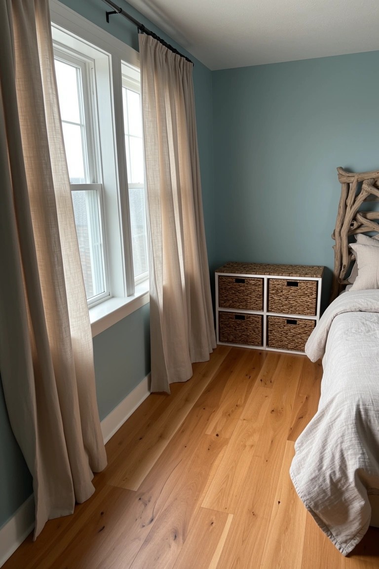 Serene bedroom with pale blue-green walls, warm wood floors, sheer curtains over double windows, stacked cube storage, and driftwood headboard on white bedding