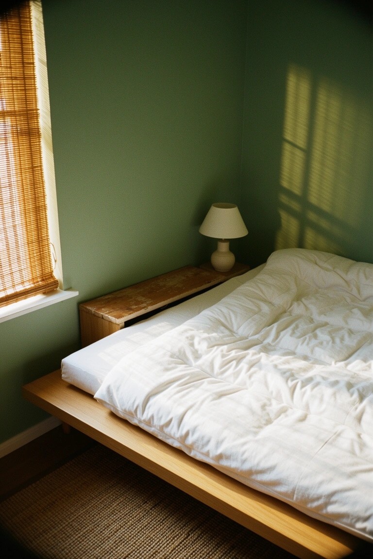 Serene bedroom corner with pale sage green walls, low wooden platform bed draped in white linens, ceramic lamp on wood nightstand, sunlight filtering through bamboo blinds