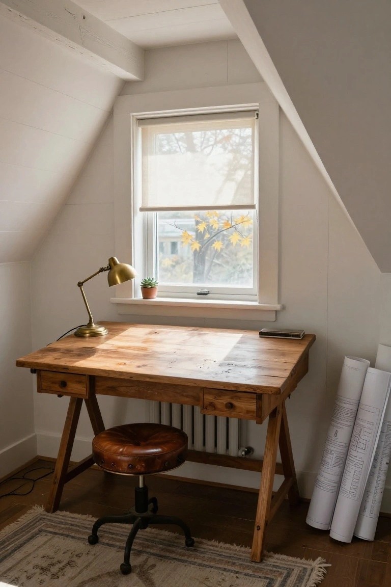 Wooden desk with drawers and trestle legs in a white-walled attic room under sloped ceilings, paired with a leather stool, brass lamp, succulent on the windowsill, rolled blueprints nearby, and shaded window showing autumn trees outside.