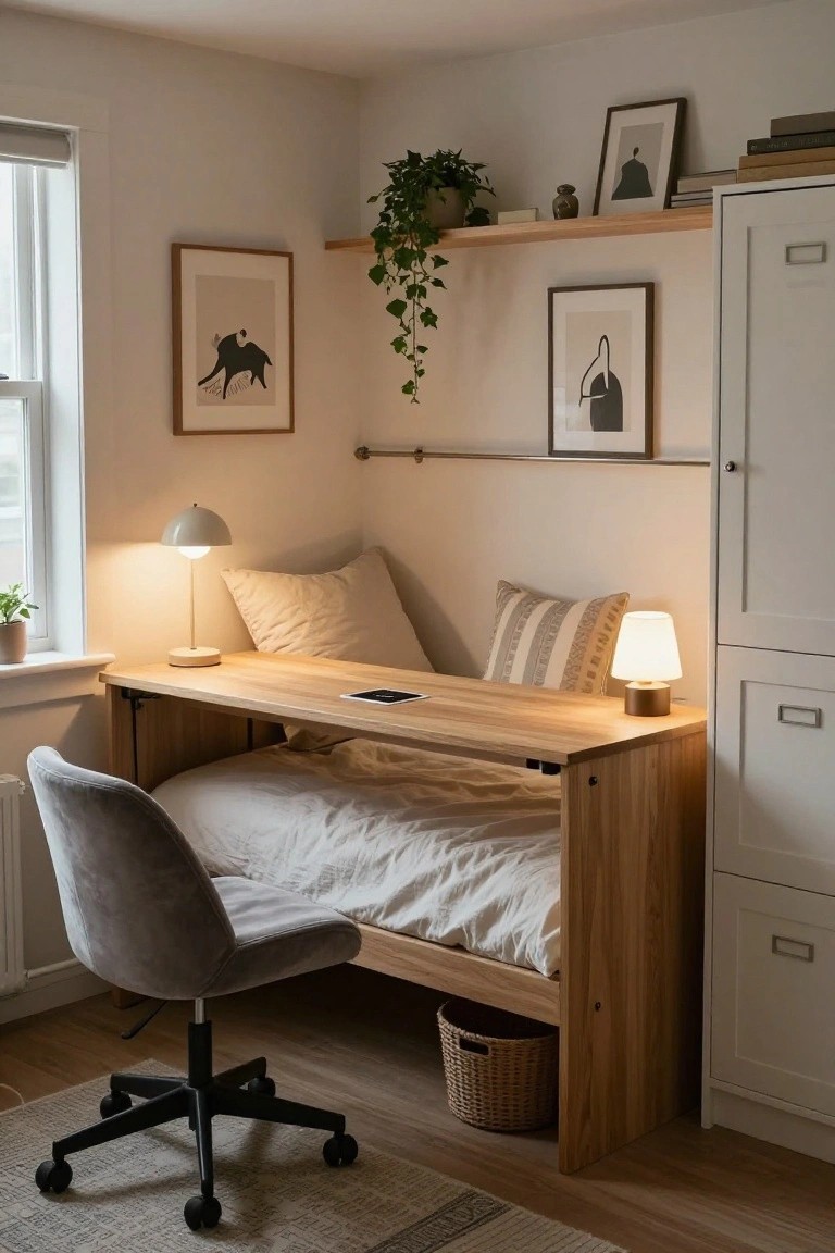 Cozy indoor office nook with wooden desk built over low bed frame, gray velvet swivel chair, two lit table lamps, potted plants, framed artwork, and white cabinetry against light walls and wood floor.
