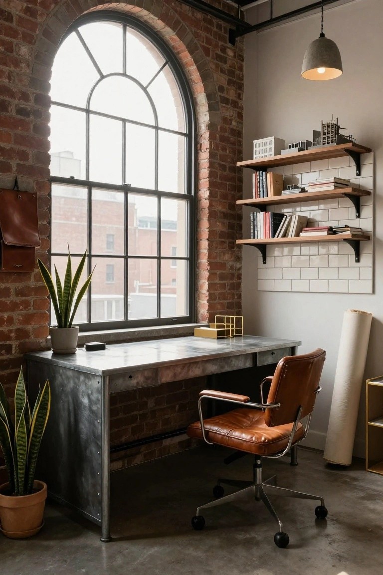 Home office featuring exposed brick walls, a large arched metal-framed window, metal desk with leather chair, snake plants in pots, wooden shelves with books and models, and a pendant light.