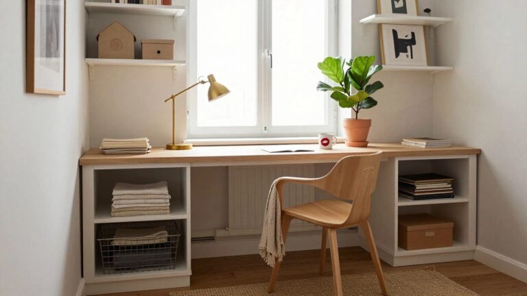 Bright corner home office featuring a floating light wood desk with drawers, wooden chair draped with a throw, fiddle leaf fig plant in terracotta pot by a large window, white floating shelves with books and boxes, gold desk lamp, and framed art on white walls.