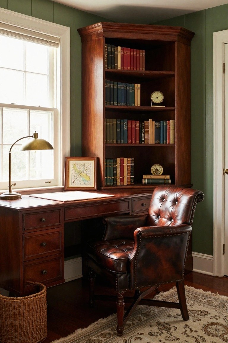 Corner wooden desk with drawers and tufted leather armchair beside tall bookshelves filled with books, brass desk lamp, and window in a green paneled room.