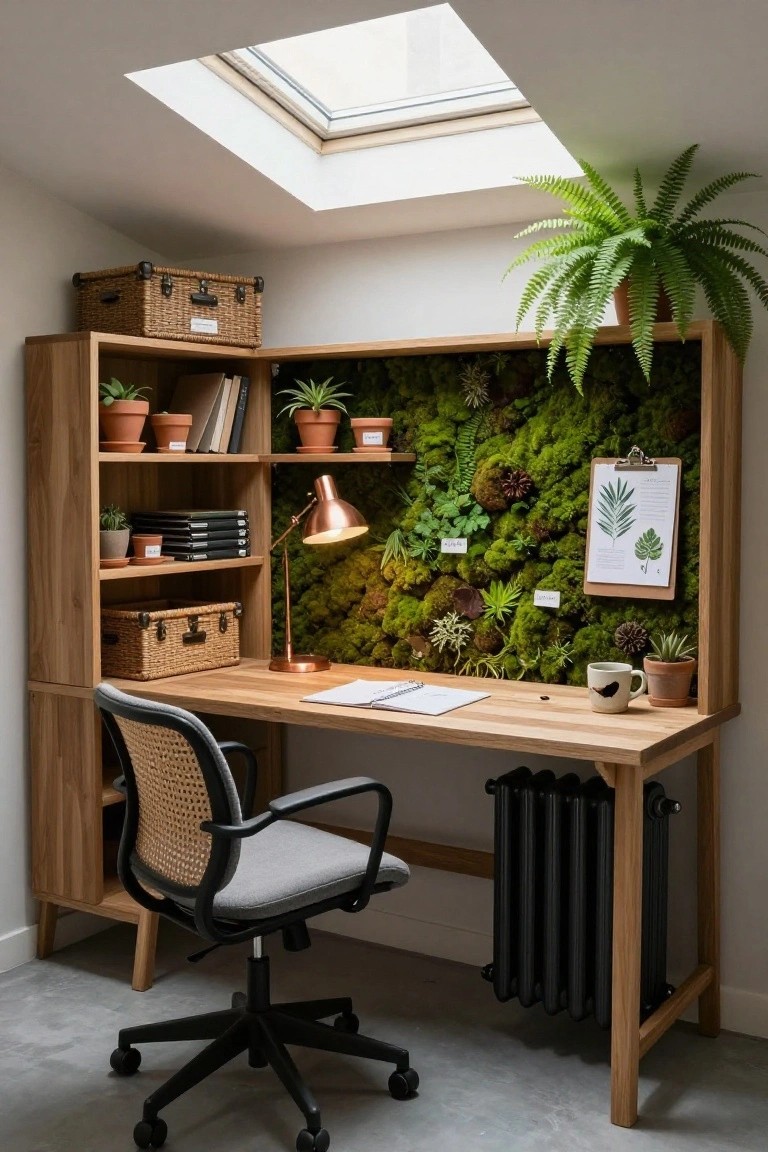 Wooden built-in shelving and desk unit featuring a large moss wall backdrop, potted plants, a desk lamp, notebooks, and a rattan chair in a room with skylight and radiator.