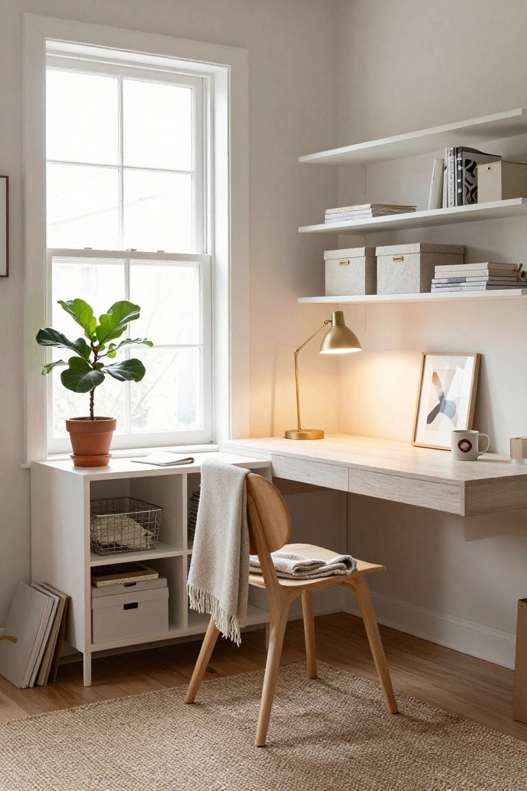 Bright corner home office featuring a floating light wood desk with drawers, wooden chair draped with a throw, fiddle leaf fig plant in terracotta pot by a large window, white floating shelves with books and boxes, gold desk lamp, and framed art on white walls.