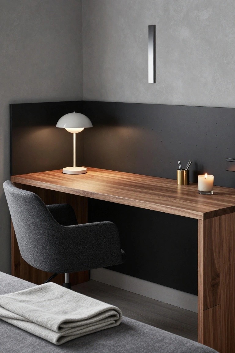 Corner workstation with walnut wood desk, gray fabric armchair, white dome lamp, brass pen holder, glass candle, and neutral gray walls in a bedroom setting.