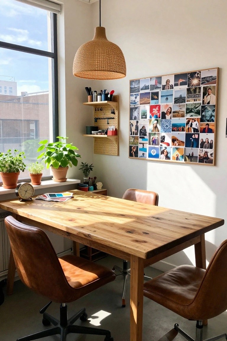 Bright home office corner with rectangular light wood table, tan leather chairs, potted plants on windowsills and shelves, pegboard storage, corkboard photo collage wall, and natural sunlight from a large window.