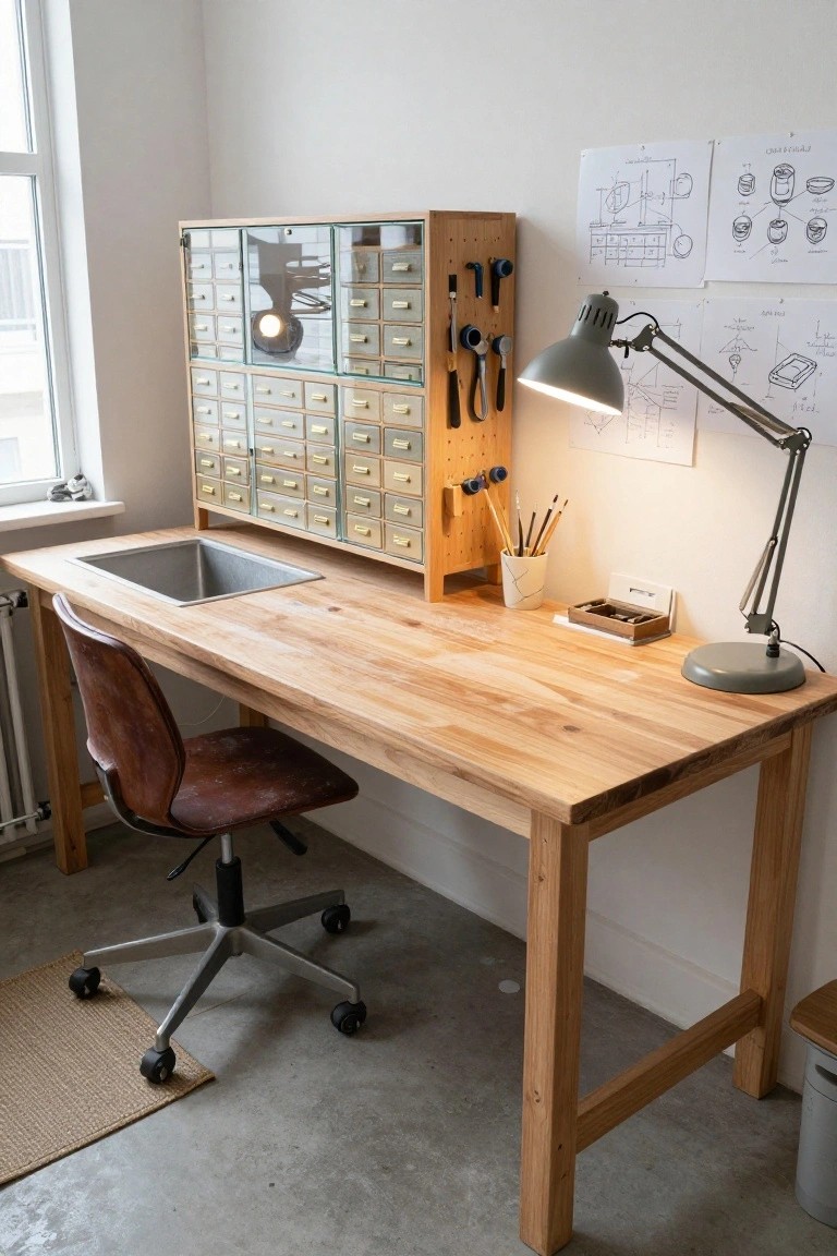 A light wooden workbench with integrated stainless steel sink in a white room, next to a tall wooden cabinet with glass doors and many small drawers, a swivel chair, pegboard tools, and an adjustable lamp.