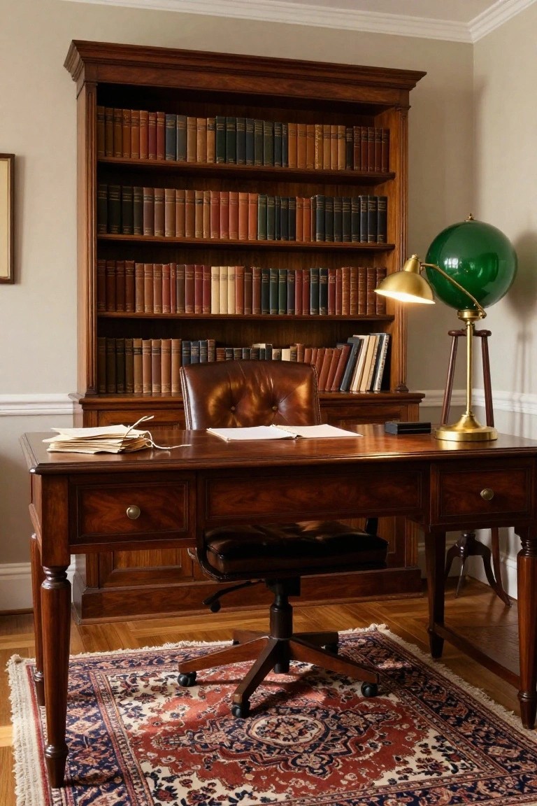 Wooden study room with tall bookshelves filled with books, mahogany desk with papers, empty leather chair, brass lamp with green glass globe shade, and patterned rug on hardwood floor.