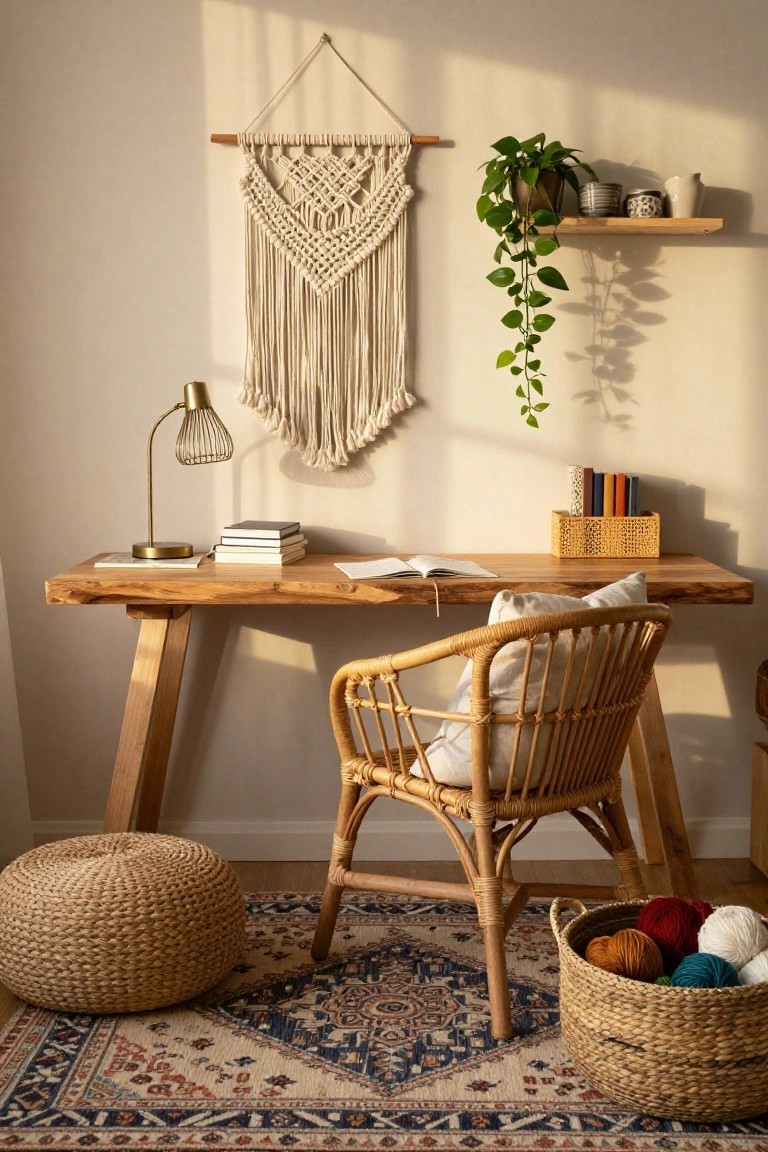 Sunlit indoor workspace with wooden desk, rattan chair and pouf, macrame wall hanging, potted trailing plant, desk lamp, books, and woven basket of yarn balls on a patterned rug.