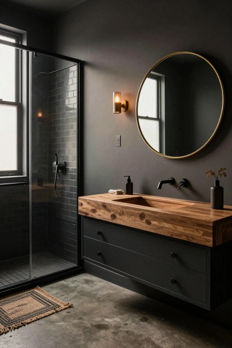 Dark gray walls in a bathroom with wood vanity, black shower tiles, and gold mirror.