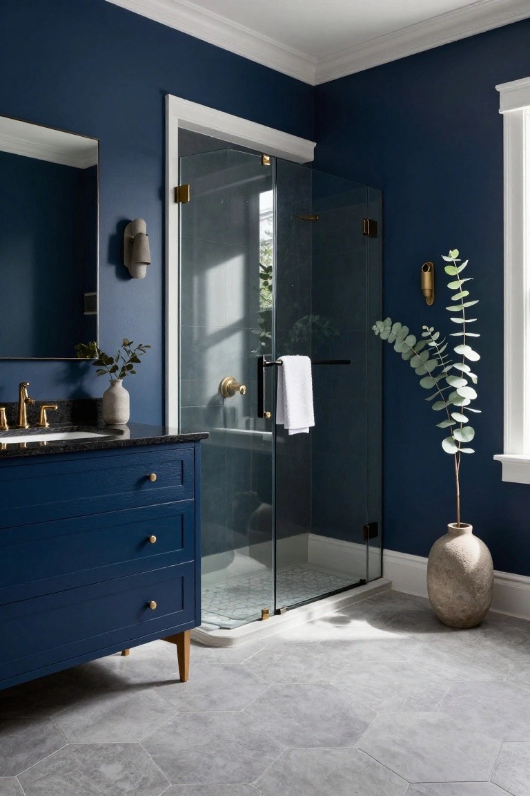 Bathroom with deep navy walls, matching vanity, gold hardware, and glass shower enclosure.