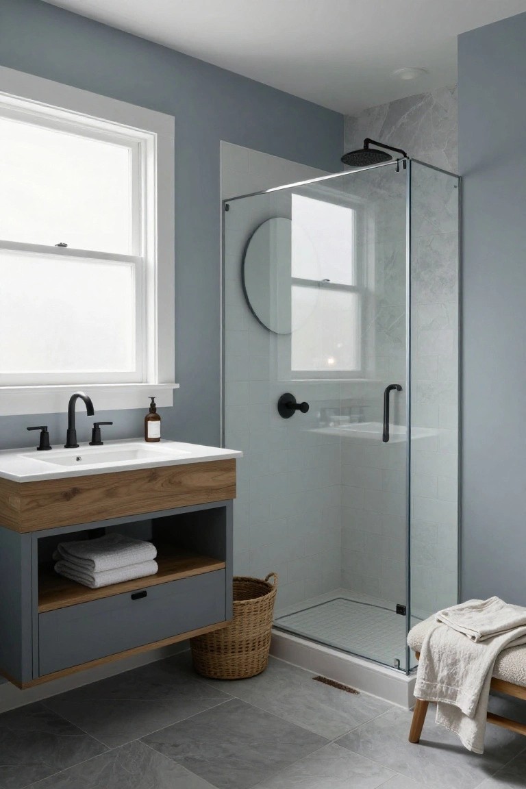Light blue-gray walls in a small bathroom with floating wood vanity and glass shower enclosure.
