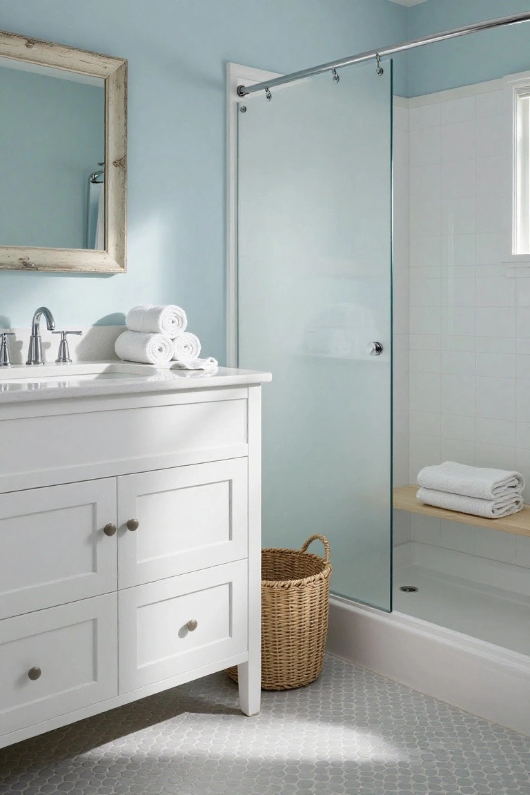 Pale blue walls in a white bathroom with glass shower and vanity.