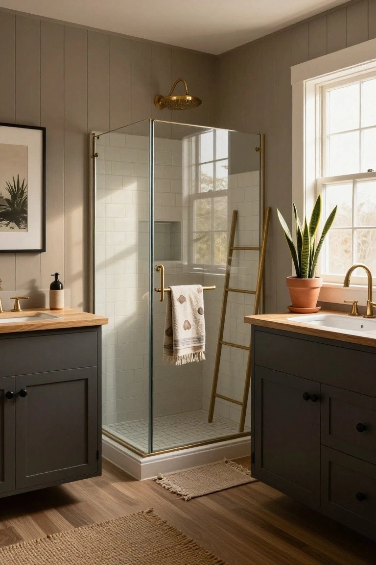 Bathroom walls painted soft greige beside a glass shower and wood cabinets