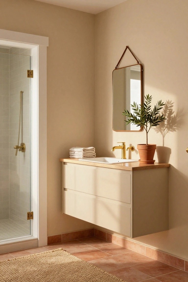 Bathroom with warm beige walls, floating wood vanity, and glass shower enclosure.