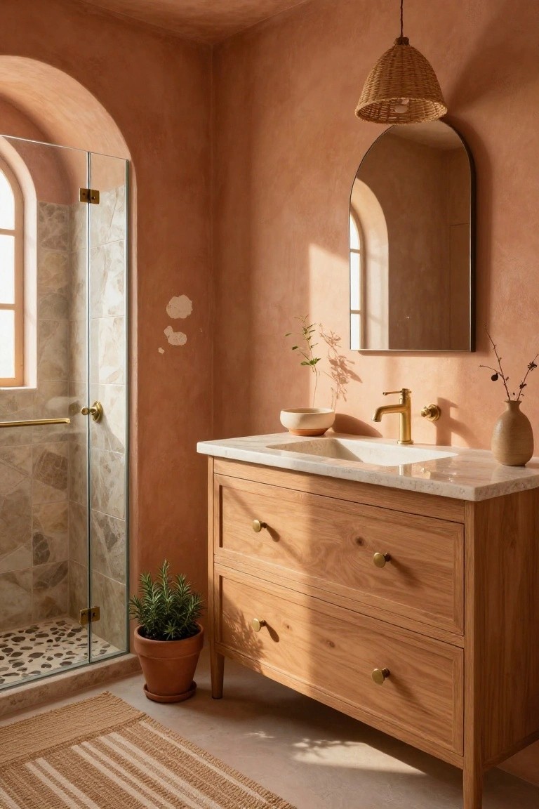 Bathroom with warm terracotta walls, wooden vanity, and glass shower enclosure