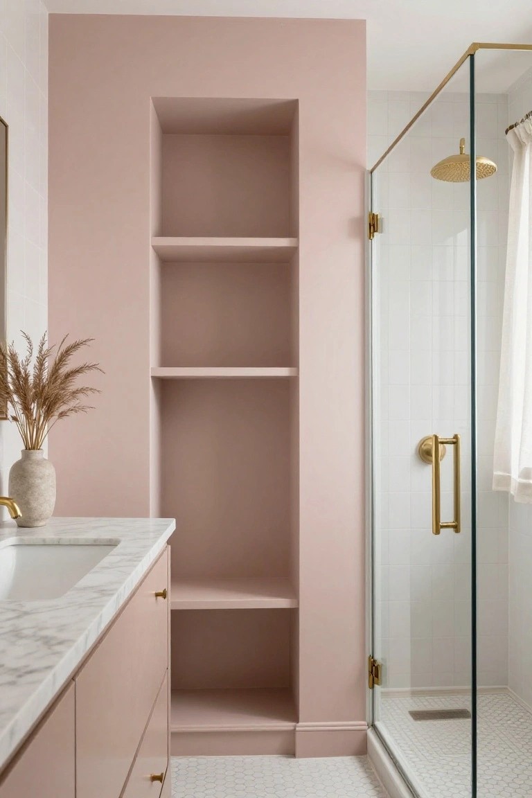 Blush pink walls and shelves next to a glass shower in a bathroom.