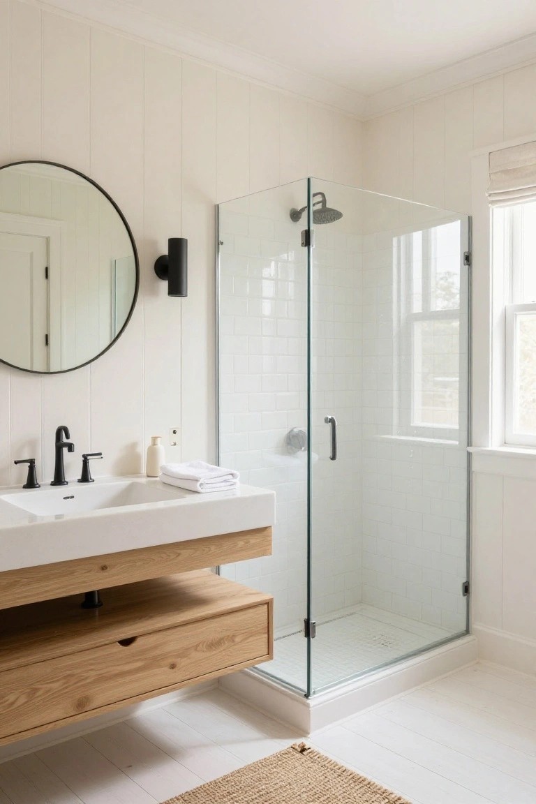 Creamy white shiplap walls in a bathroom with floating wood vanity and glass shower enclosure.