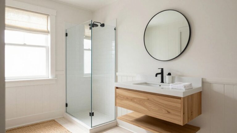 Creamy white shiplap walls in a bathroom with floating wood vanity and glass shower enclosure.