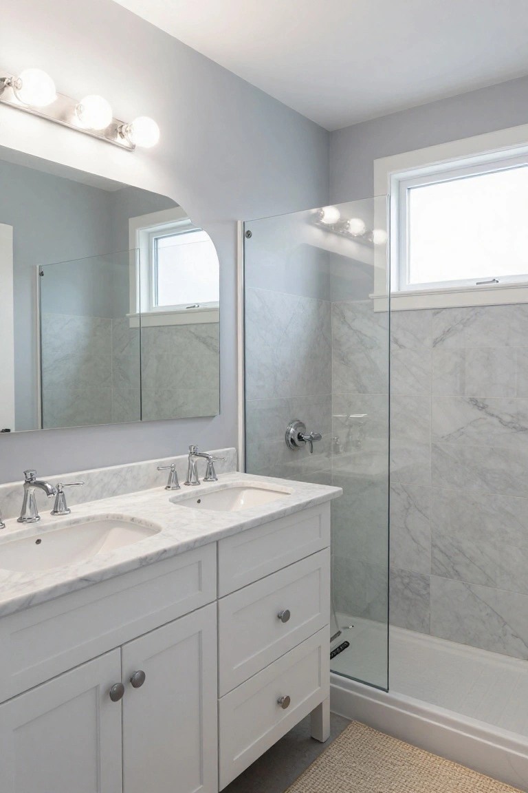 Bathroom featuring light gray walls with a white double vanity and glass shower.