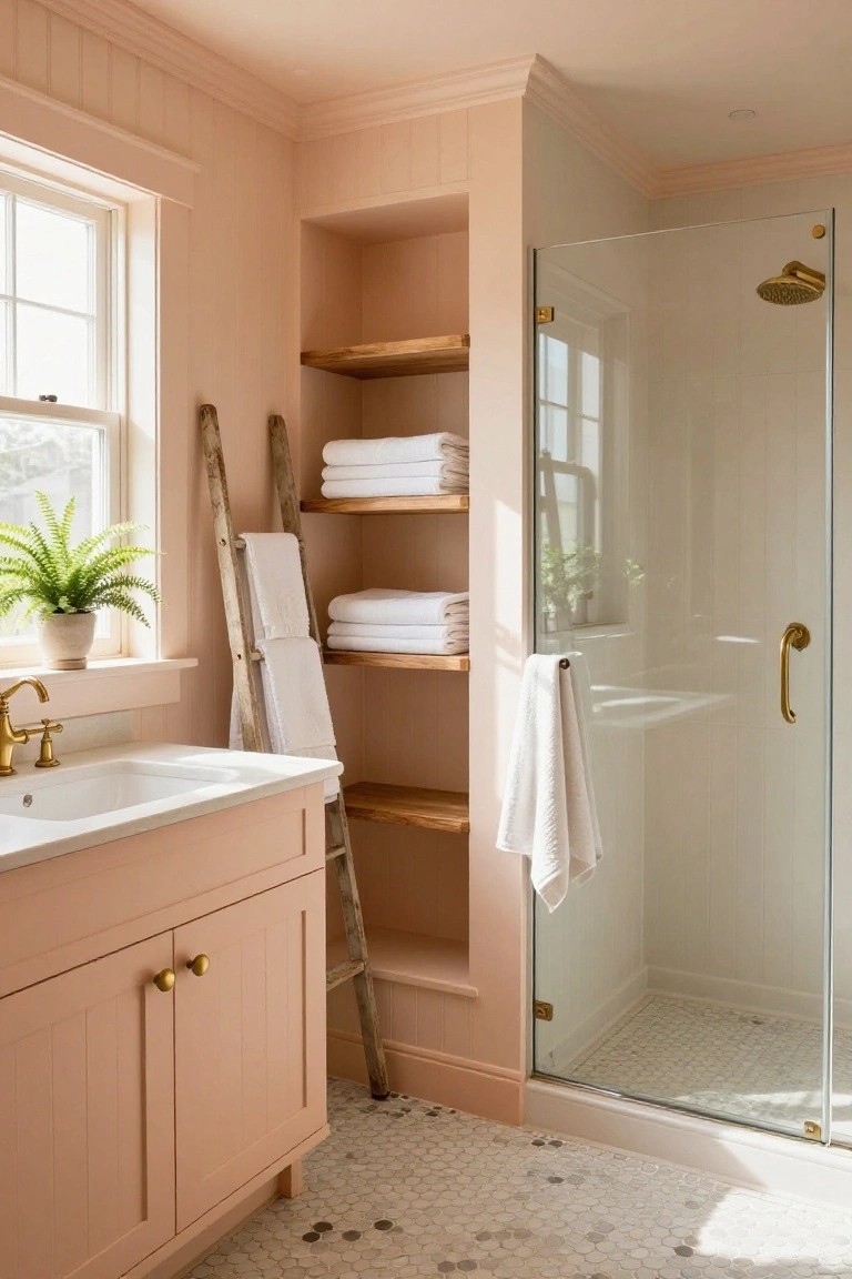Bathroom featuring soft pink walls, wooden shelves, and a glass shower enclosure.