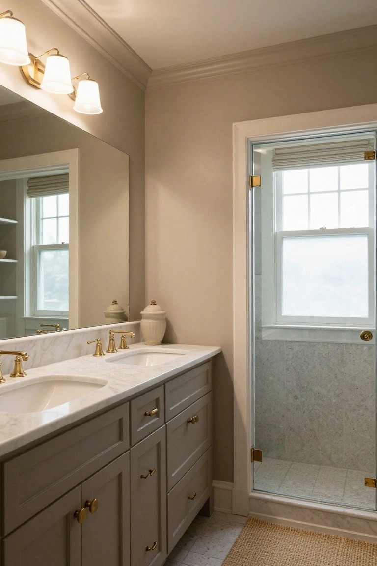 Bathroom featuring soft greige walls with a double marble vanity and glass shower enclosure.