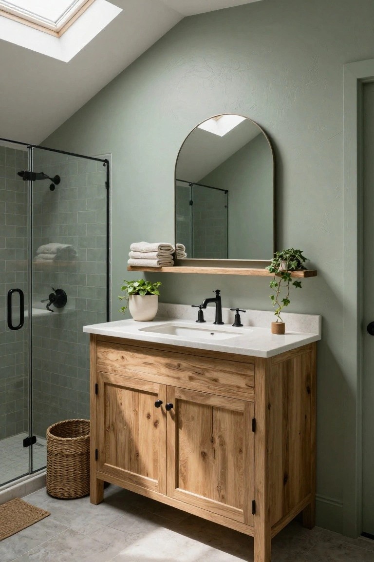 Bathroom with soft sage green walls, wood vanity, and glass shower enclosure.