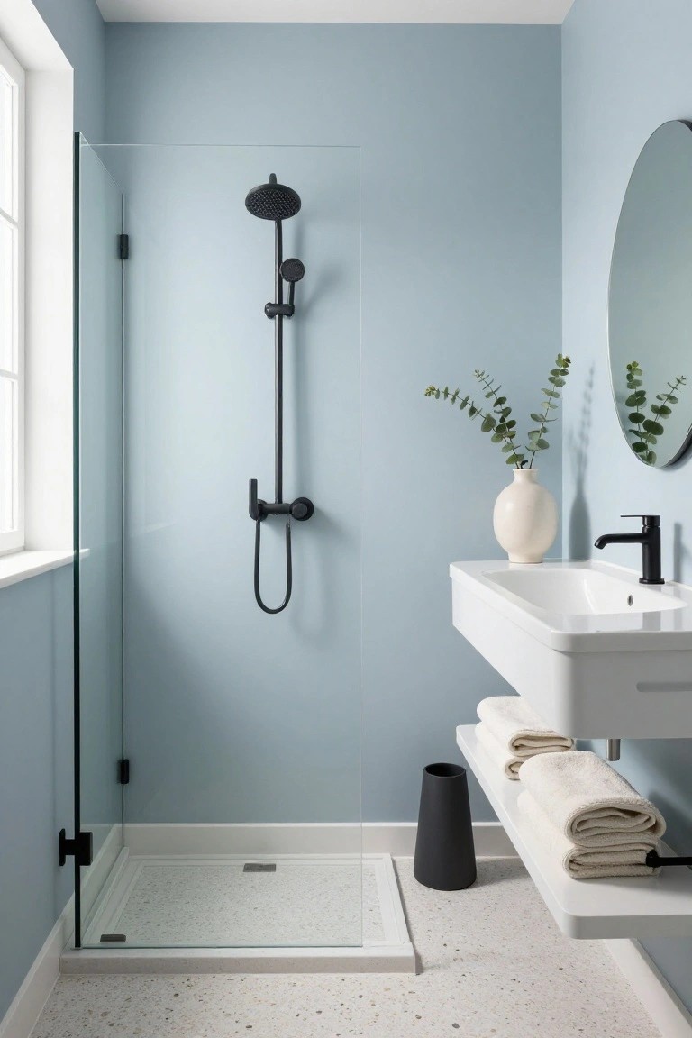 Pale blue walls in a compact bathroom with glass shower and floating white sink