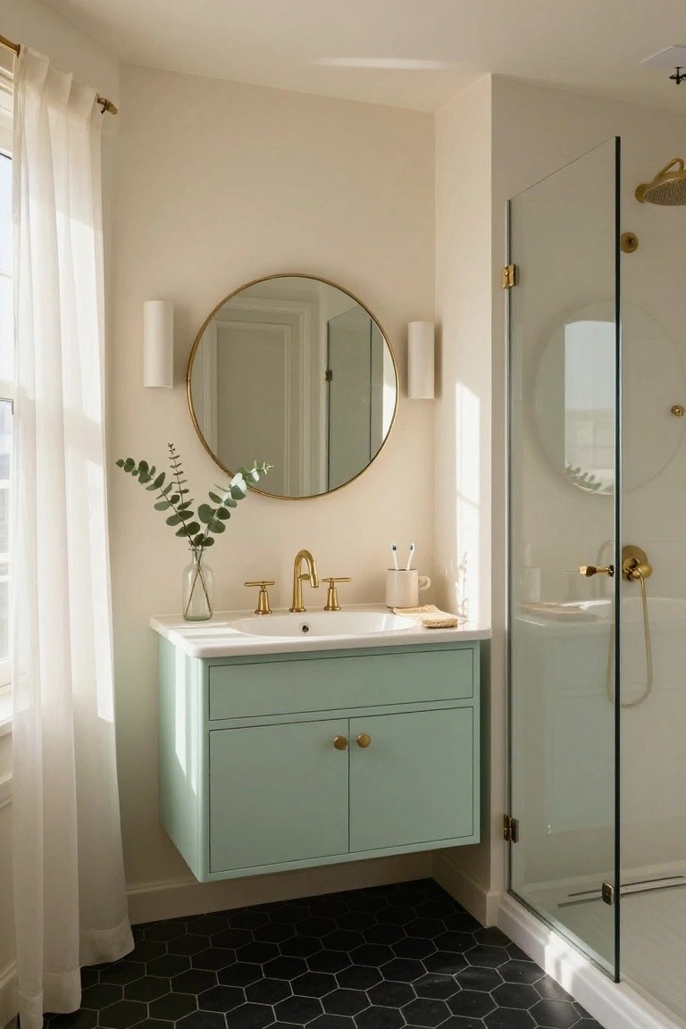 Bathroom with floating mint green vanity, gold fixtures, and glass shower enclosure