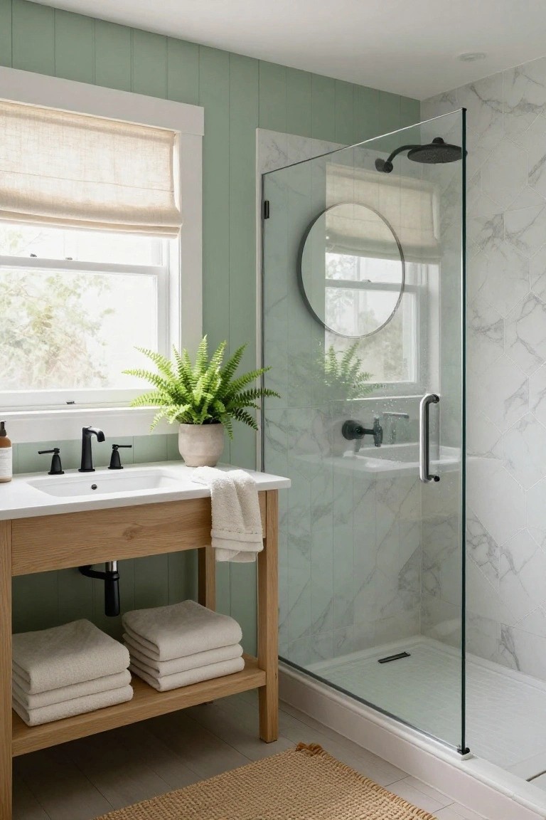 Pale sage green shiplap walls in a bathroom with wood vanity and glass shower