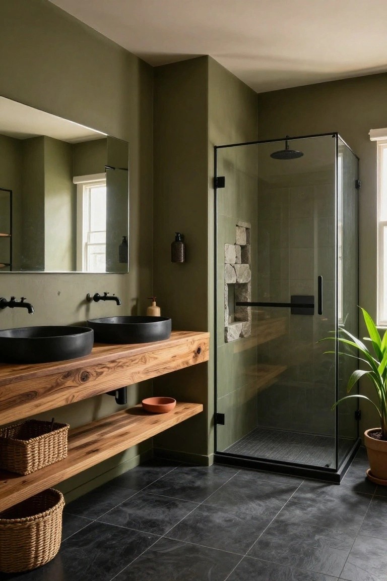 Sage green walls in a modern bathroom with wooden vanity and glass shower